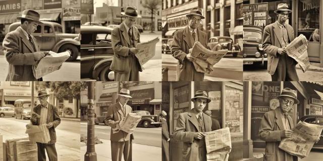 街角卖报纸的人，1950 年代风格，棕褐色.jpeg