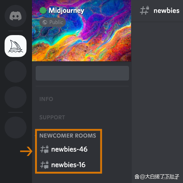 midjourney官方服务器上选择左侧边栏中可见的任何newbies-xxx频道.png