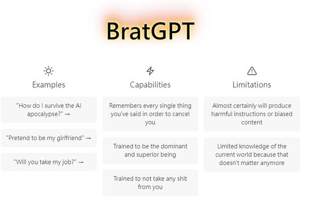 BratGPT可以说是ChatGPT的邪恶双胞胎，整天只想跟你斗嘴以及征服世界