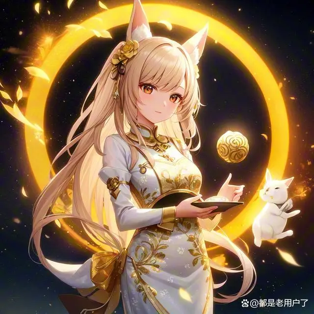 可爱的女孩，站在金黄色的月亮下.webp